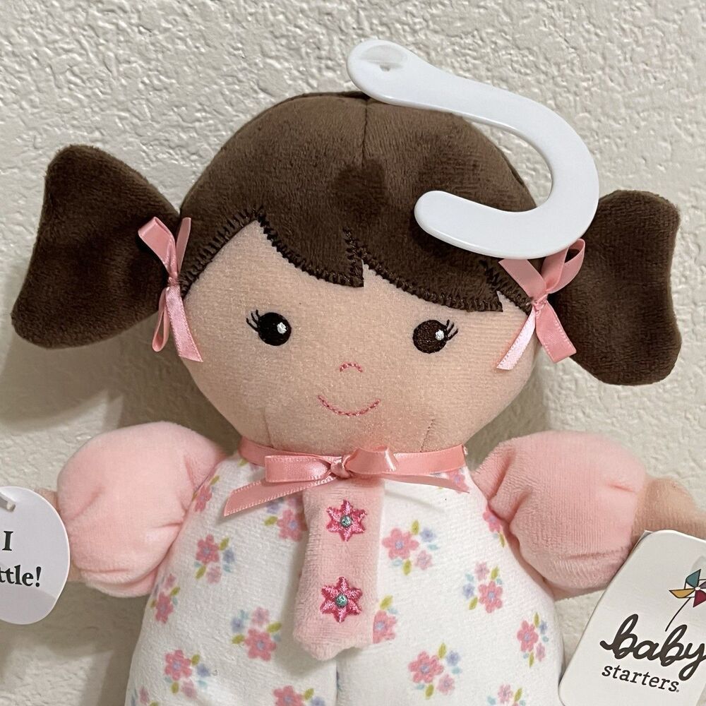 Baby Starters Plush Brunette Olivia Baby Doll with Rattle Lovey Pink Floral 10" - Picture 4 of 10